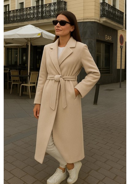 Kadın Comfort Kruvaze Trend Krem Uzun Kaşe Kaban fırsatları