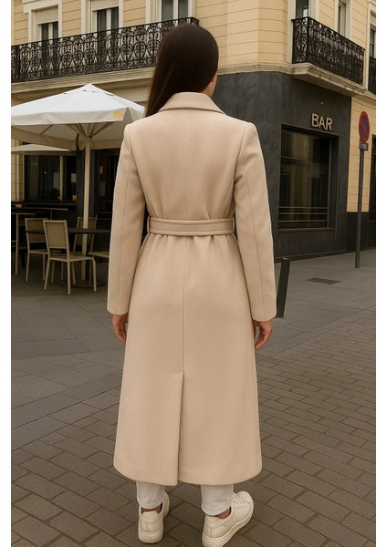 Kadın Comfort Kruvaze Trend Krem Uzun Kaşe Kaban