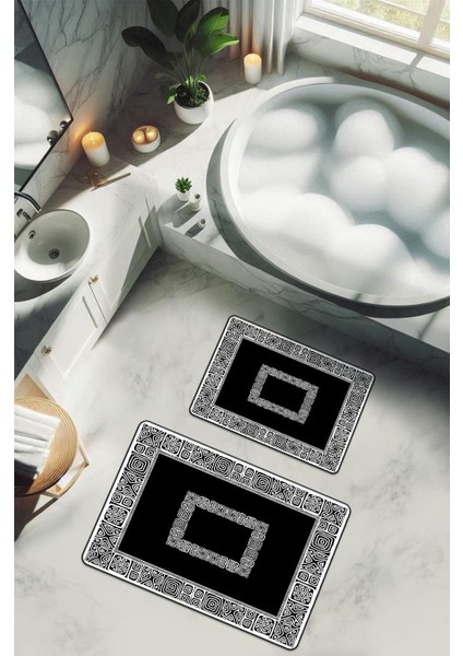 Yıkanabilir Kaymaz Tabanlı Modern Desenli 2'li Banyo Paspas Takımı BPS0043