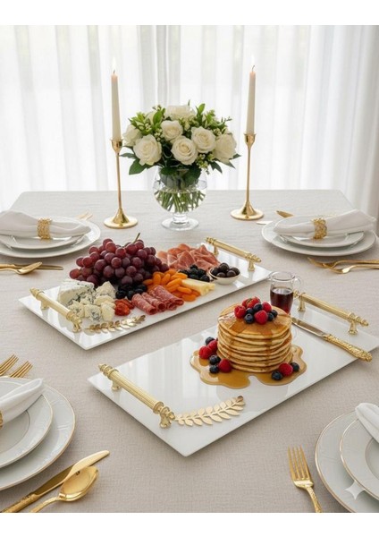 Dekoratif Aynalı Yaprak Desenli Sunum Tepsisi, Çay Tepsisi ,lüx Çay Tepsisi