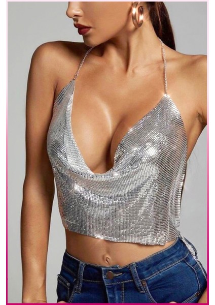 Kristal Taşlı Parlak Crop & Bluz Kolsuz Kayık Yaka Parti Plaj Büstiyer