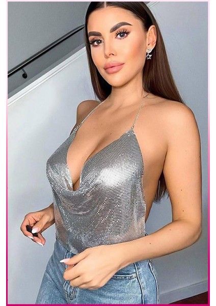 Kristal Taşlı Parlak Crop & Bluz Kolsuz Kayık Yaka Parti Plaj Büstiyer indirimleri