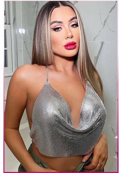 Kristal Taşlı Parlak Crop & Bluz Kolsuz Kayık Yaka Parti Plaj Büstiyer