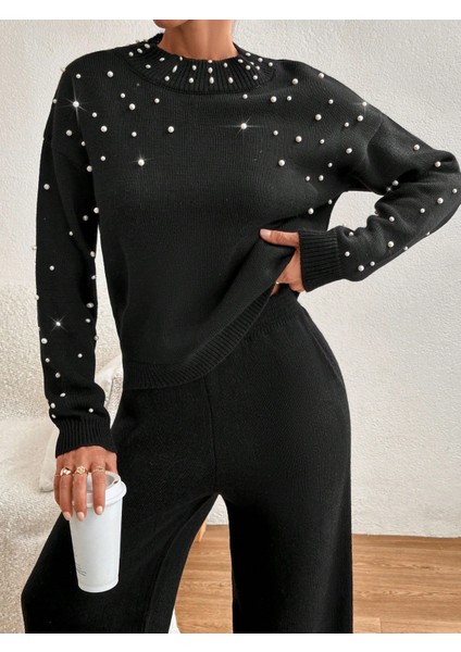 Kadın Siyah Inci Detaylı Triko Alt-Üst Takım modelleri