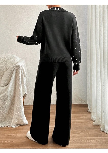 Kadın Siyah Inci Detaylı Triko Alt-Üst Takım