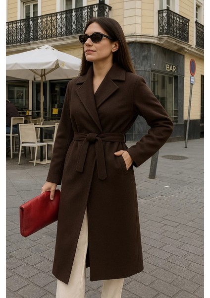 Kadın Comfort Kruvaze Trend Kahve Uzun Kaşe Kaban