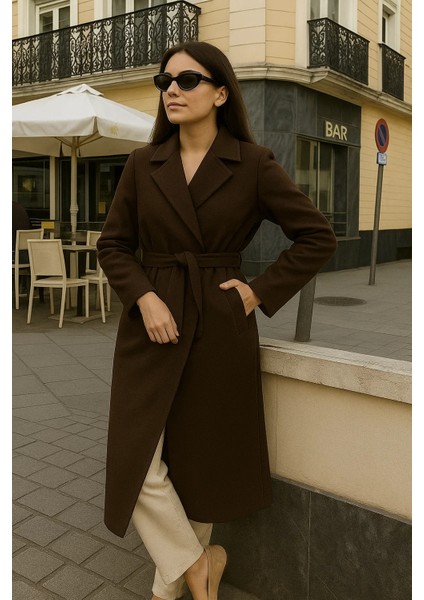 Kadın Comfort Kruvaze Trend Kahve Uzun Kaşe Kaban modelleri