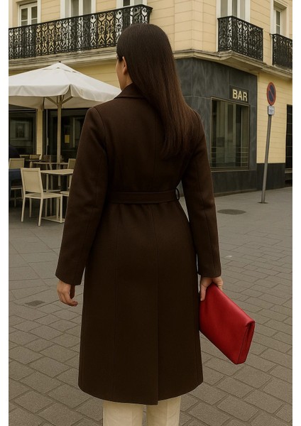 Kadın Comfort Kruvaze Trend Kahve Uzun Kaşe Kaban indirimleri