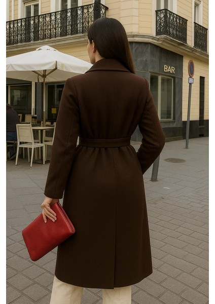 Kadın Comfort Kruvaze Trend Kahve Uzun Kaşe Kaban