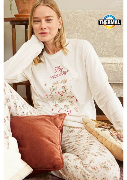 Kadın Termal Uzun Kol Pijama Takımı 30013 Ekru fırsatları