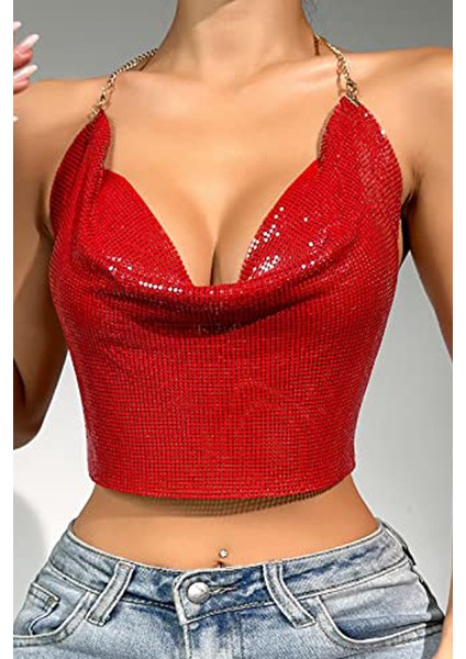 Kristal Taşlı Parlak Crop & Bluz Kolsuz Kayık Yaka Parti Plaj Büstiyer