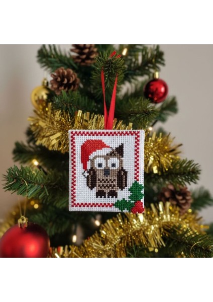 7597 El Yapımı Kanaviçe Işlemeli Baykuş Temalı Yılbaşı Süsü