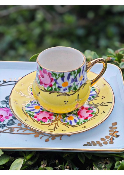 El Boyama Porselen Osmanlı Saray Kahve Fincanı-Limon Sarı 1 Adet