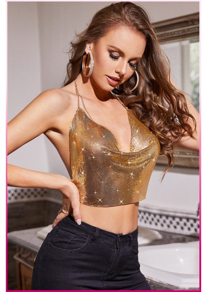 Kristal Taşlı Parlak Crop & Bluz Kolsuz Kayık Yaka Parti Plaj Büstiyer indirimleri