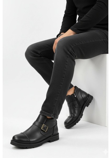 Erkek Suni Deri Içi Kürklü Fermuarlı Kemerli Kaymaz Termo Taban Kışlık Bot – Siyah