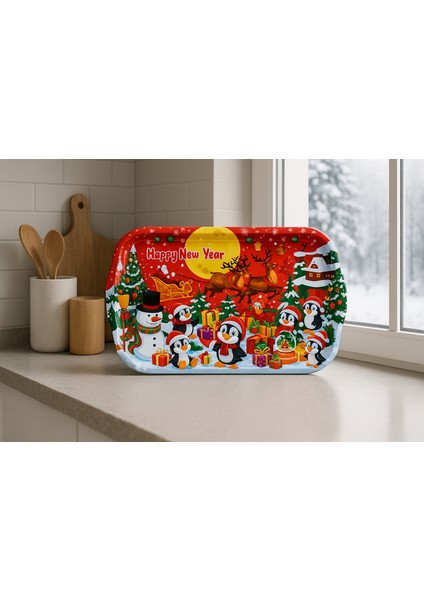 Penguenli Yılbaşı Tema Metal Sunum Tepsisi Noel Ren Geyiği,kar Manzara Yeni Yıl Servis Tepsi 35X20