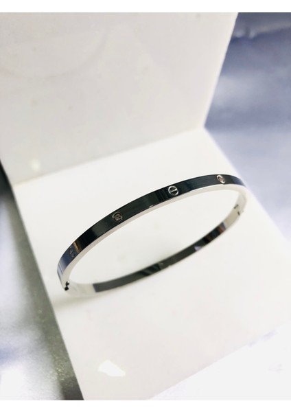 Taş Detaylı Ince Çelik Kelepçe Bileklik