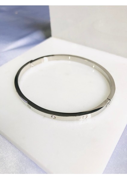 Taş Detaylı Ince Çelik Kelepçe Bileklik
