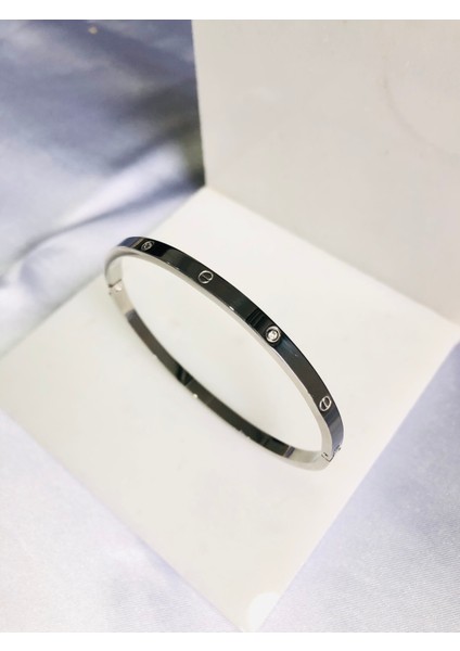 Taş Detaylı Ince Çelik Kelepçe Bileklik