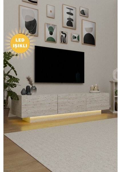 Traverten Desen LED Işıklı Tv Ünitesi Uçan Tv Sehpası 3 Kapaklı