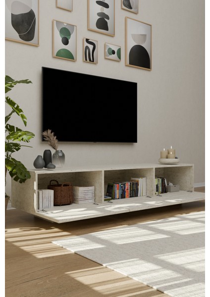 Traverten Desen LED Işıklı Tv Ünitesi Uçan Tv Sehpası 3 Kapaklı fiyatları