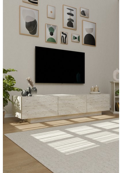 Traverten Desen LED Işıklı Tv Ünitesi Uçan Tv Sehpası 3 Kapaklı modelleri