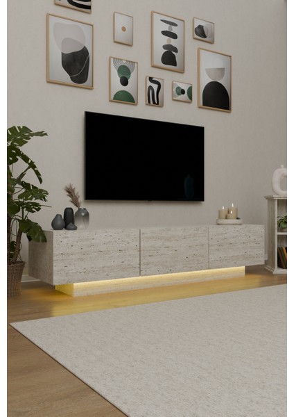 Traverten Desen LED Işıklı Tv Ünitesi Uçan Tv Sehpası 3 Kapaklı indirimleri