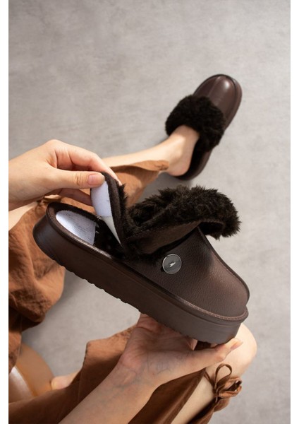 Içi Tüylü Dışı Eva Su Geçirmez Kaymaz Taban Önü Kapalı Ev Terliği Kışlık Terlik