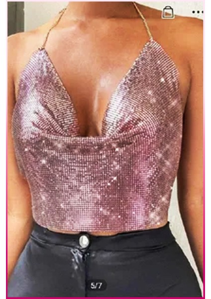 Kristal Taşlı Parlak Crop & Bluz Kolsuz Kayık Yaka Parti Plaj Büstiyer