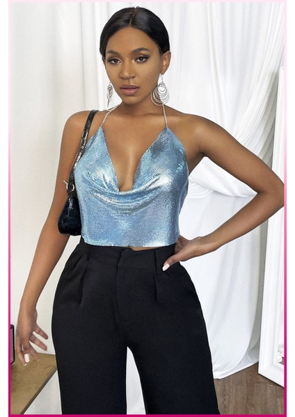 Kristal Taşlı Parlak Crop & Bluz Kolsuz Kayık Yaka Parti Plaj Büstiyer