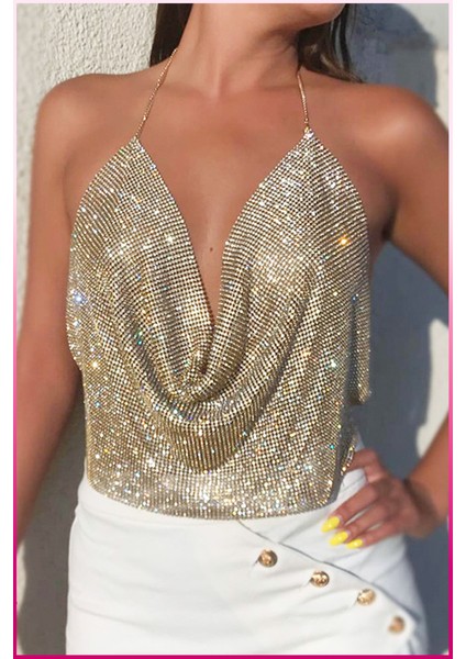 Kristal Gold Taşlı Parlak Crop & Bluz Kolsuz Kayık Yaka Parti Plaj Büstiyer