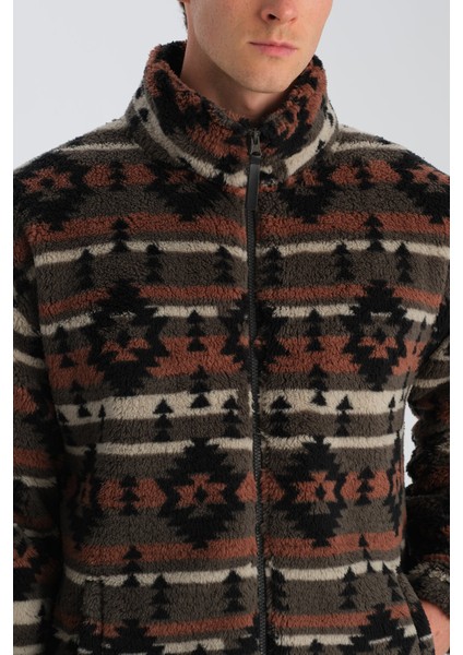 Erkek Etnik Desen Baskılı Polar Sweatshırt