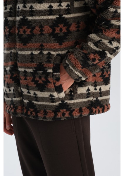 Erkek Etnik Desen Baskılı Polar Sweatshırt