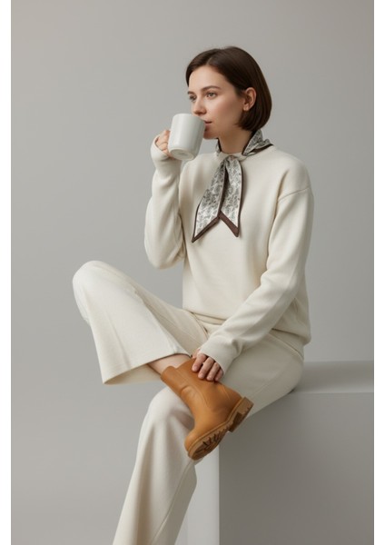 Fularlı Biskilet Yaka Geniş Paça Ikili Triko Set - Krem