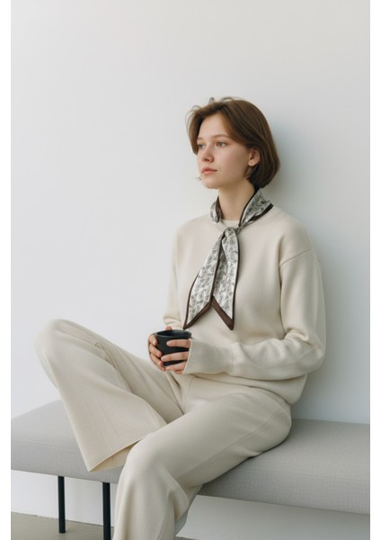 Fularlı Biskilet Yaka Geniş Paça Ikili Triko Set - Krem