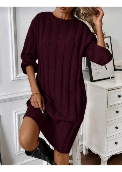 Bisiklet Yaka Uzun Kollu Geniş Fitilli Dokuma Detaylı Triko Elbise