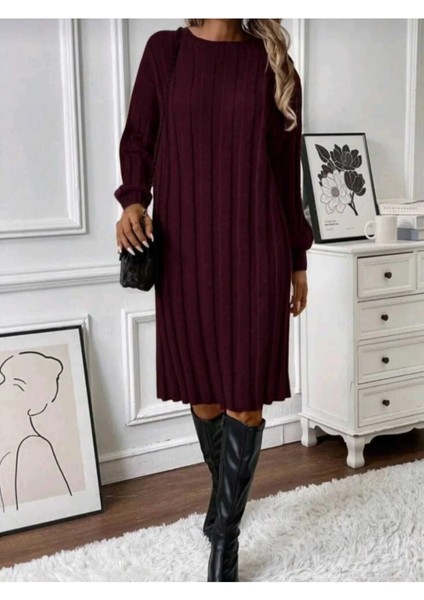 Bisiklet Yaka Uzun Kollu Geniş Fitilli Dokuma Detaylı Triko Elbise fiyatları