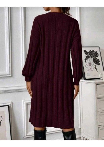 Bisiklet Yaka Uzun Kollu Geniş Fitilli Dokuma Detaylı Triko Elbise modelleri