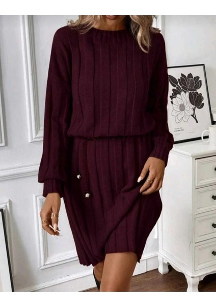 Bisiklet Yaka Uzun Kollu Geniş Fitilli Dokuma Detaylı Triko Elbise fırsatları