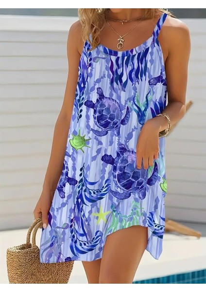 Kadın Askılı Yuvarlak Yaka Kaplumbağa Desenli Süprem Elbise modelleri