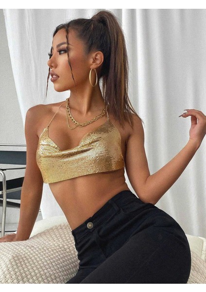 Kadın Parlak Taşlı Payetli Mini Crop Kayık Yaka Seksi Zincirli Bluz Zırh Büstiyer modelleri