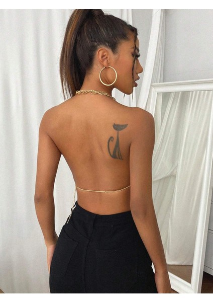 Kadın Parlak Taşlı Payetli Mini Crop Kayık Yaka Seksi Zincirli Bluz Zırh Büstiyer indirimleri