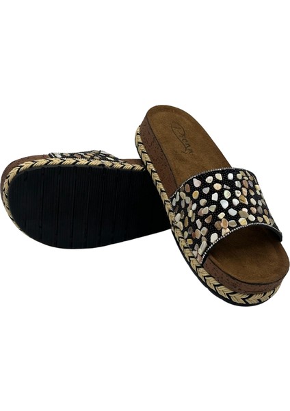 Füme Taşlı Kutulu Günlük Terlik Siyah