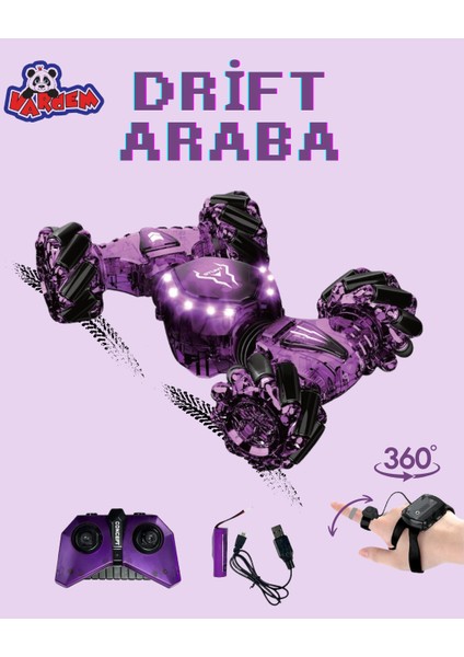 Bilekten Kontrol Uzaktan Kumandalı Full Fonksiyon Şarjlı 2.4g Şeffaf Işıklı 4x4 Drift Araba