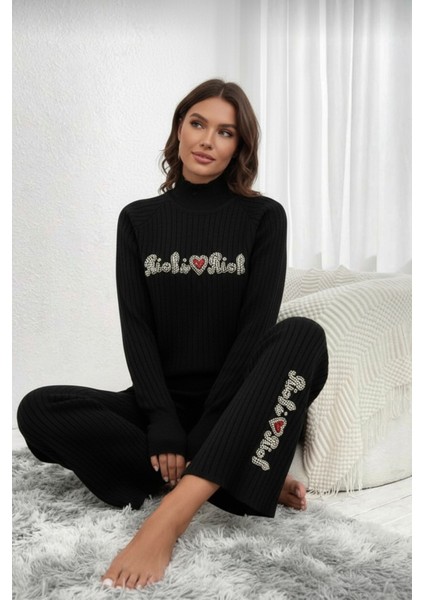 Fitilli Dokulu Inci Işlemeli Parmak Geçirmeli Yarım Balıkçı Yaka Triko Ikili Takım