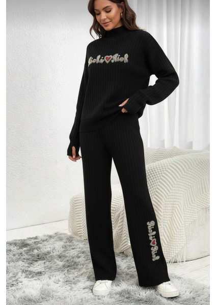 Fitilli Dokulu Inci Işlemeli Parmak Geçirmeli Yarım Balıkçı Yaka Triko Ikili Takım