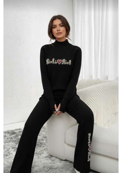 Fitilli Dokulu Inci Işlemeli Parmak Geçirmeli Yarım Balıkçı Yaka Triko Ikili Takım