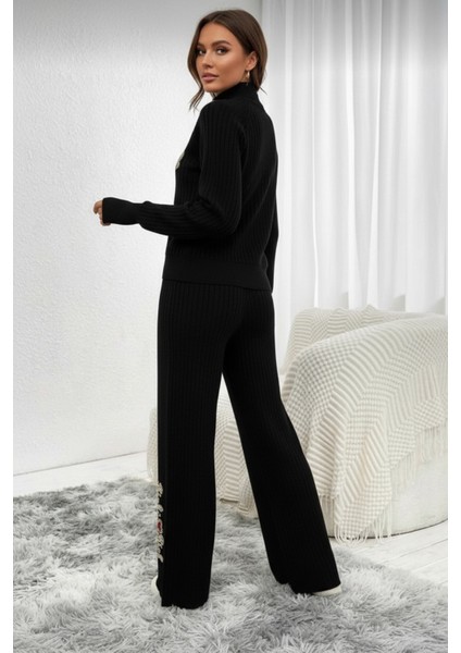 Fitilli Dokulu Inci Işlemeli Parmak Geçirmeli Yarım Balıkçı Yaka Triko Ikili Takım