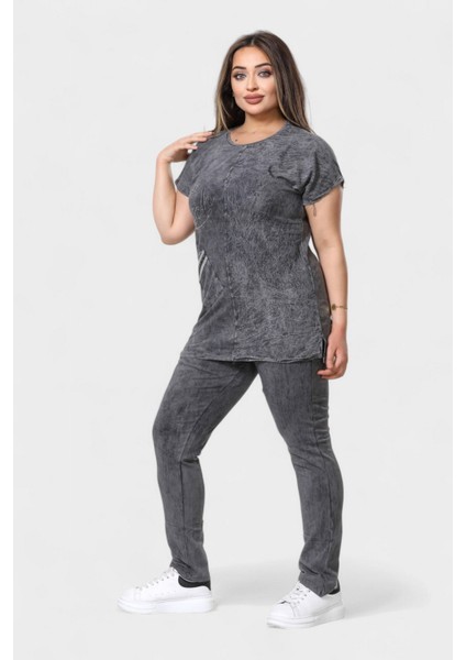 Büyük Beden Kadın Yıkamalı Ikili Takım - Koyu Gri