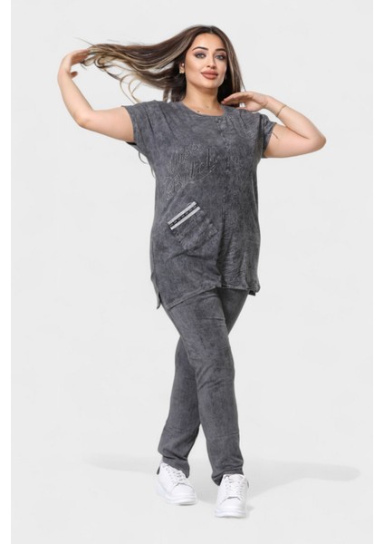Büyük Beden Kadın Yıkamalı Ikili Takım - Koyu Gri modelleri